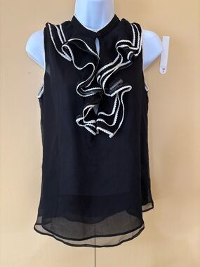 Zara Black Sleeveless Ruffle-Front Camisole with White Trim